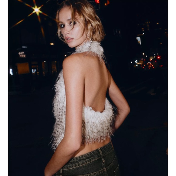 Zara Feathery Halter Crop Top in White and Brown - Picture 3 of 10